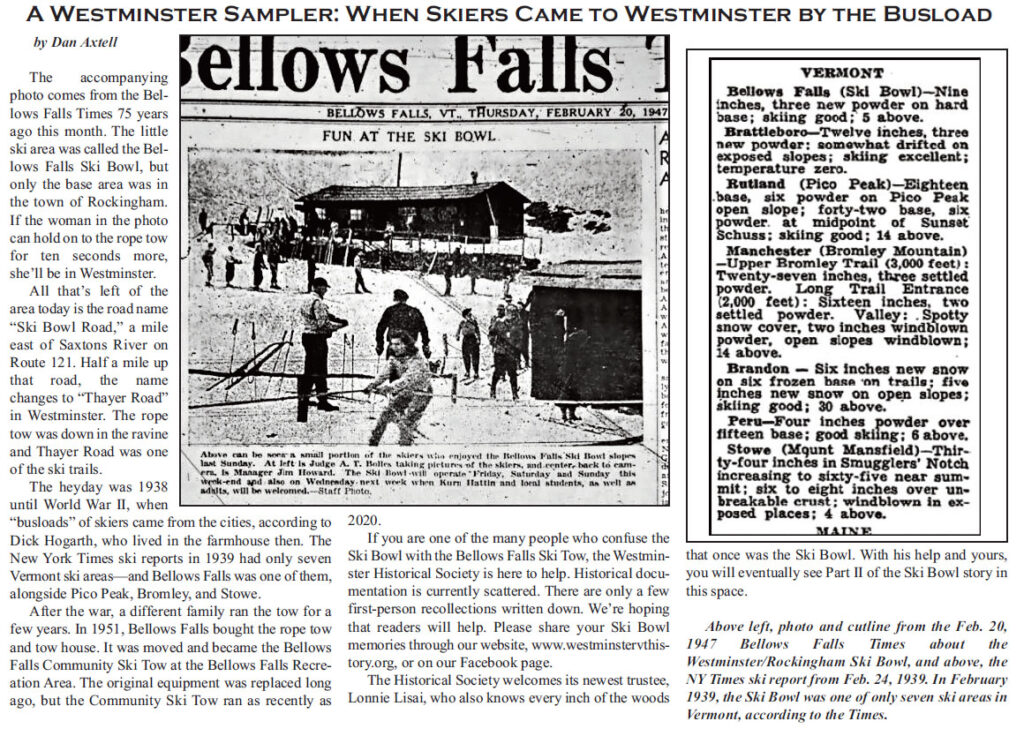 Bellows Falls Ski Bowl article in the Feb. 2022 Westminster (VT) Gazette